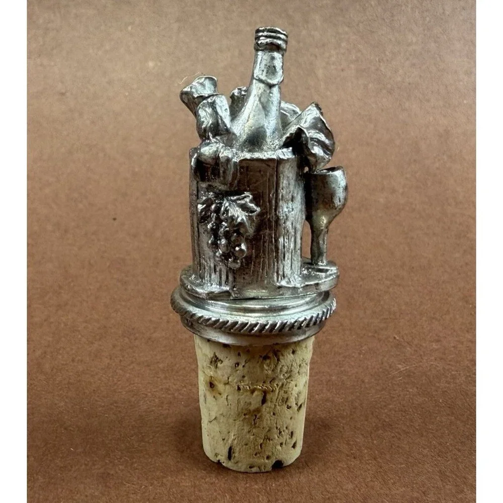 Vintage Etched Pewter W/Cork Wine Bottle in Bucket Bottle Stopper